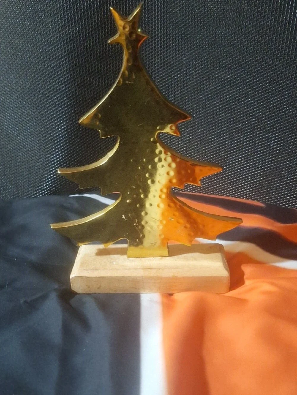 Gold Metal Christmas Tree Holiday Decor on Wood Base